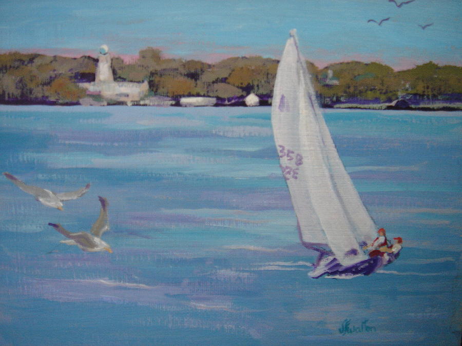 Sailing in front of Lonz Winery Painting by Judy Fischer Walton
