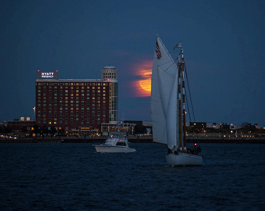 Sailing in front of the moon Boston Harbor Full Moon Photograph by Toby McGuire