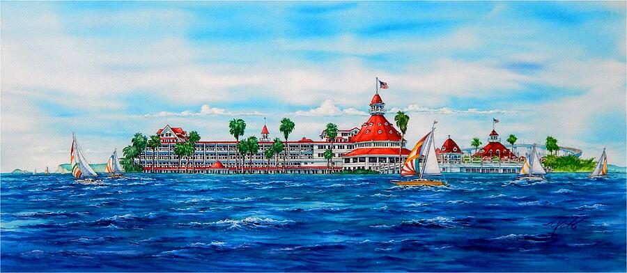San Diego Painting - HOTEL DEL CORONADO, Sailing over Hotel Del Coronado by John YATO