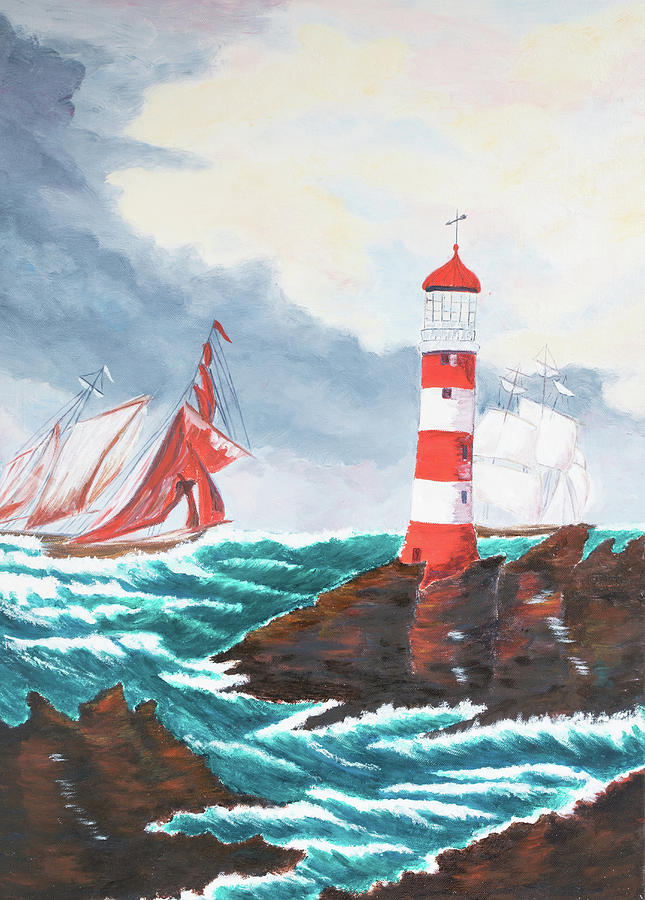 Sailing Past the Lighthouse Painting by Laura Richards