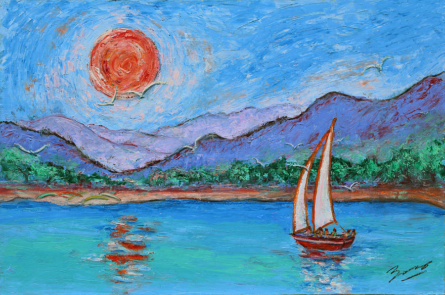 Sunset Painting - Sailing Red Sun by Xueling Zou