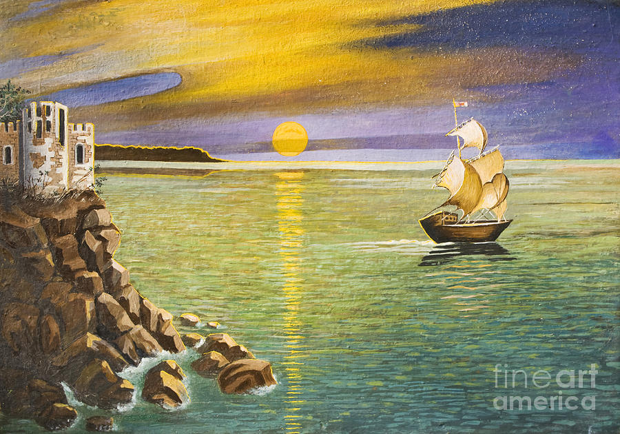 Sailing ship and castle Painting by Irina Afonskaya