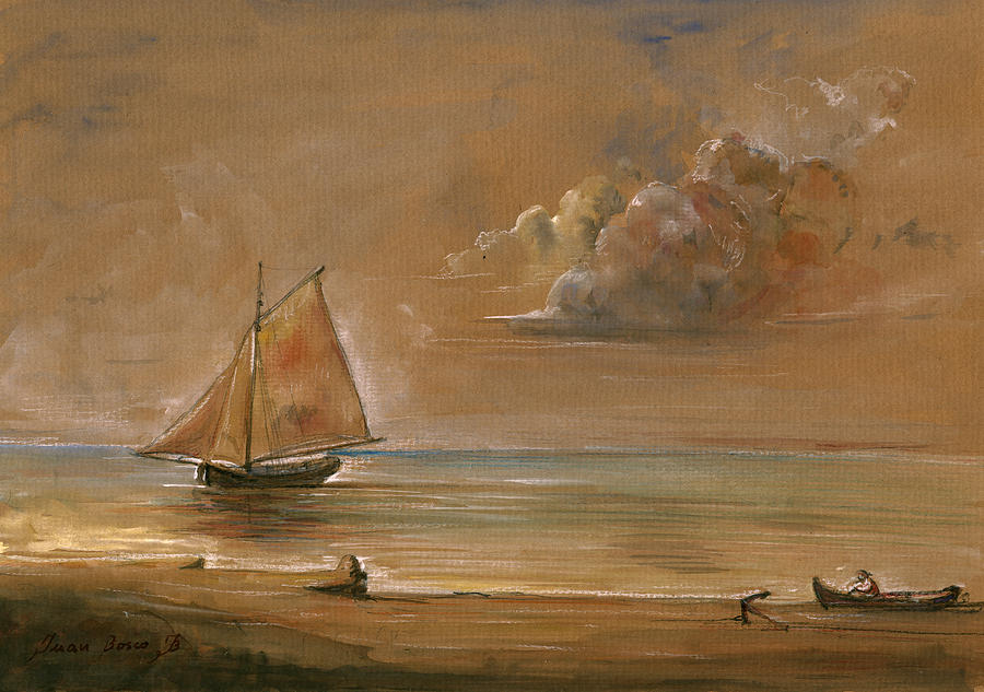 Arctic Landscape Painting - Sailing ship at sunset by Juan  Bosco