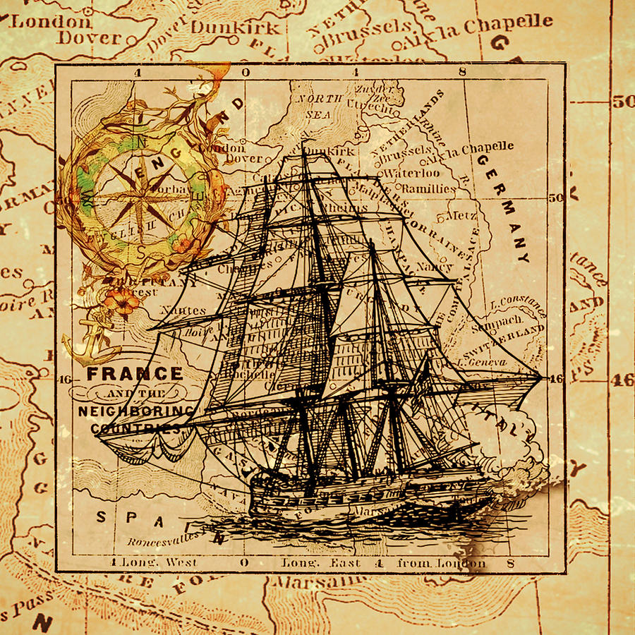 Map Painting - Sailing Ship Map by Lucia Sirna Map Painting - Sailing Ship Map by Lucia Sirna