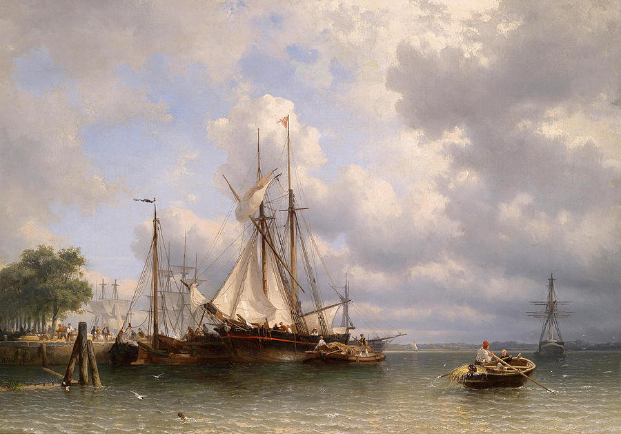Sailing ships in the harbor Painting by Antonie Waldorp