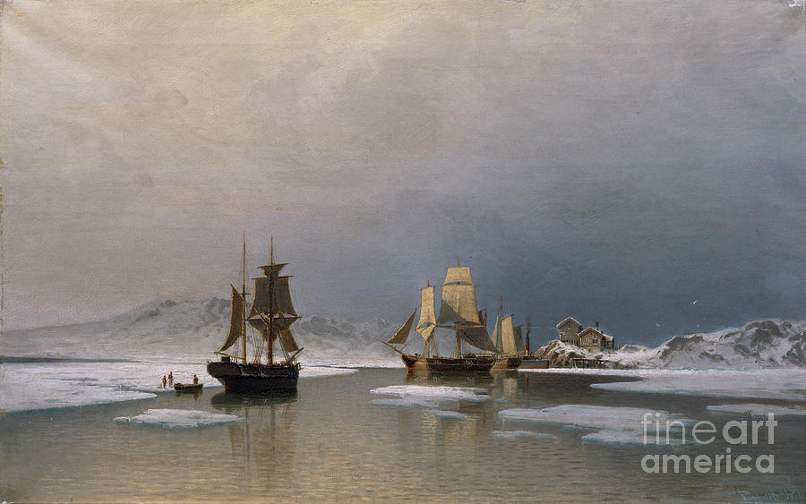 Sailing ships on frozen fjord Painting by Reinholdt Boll