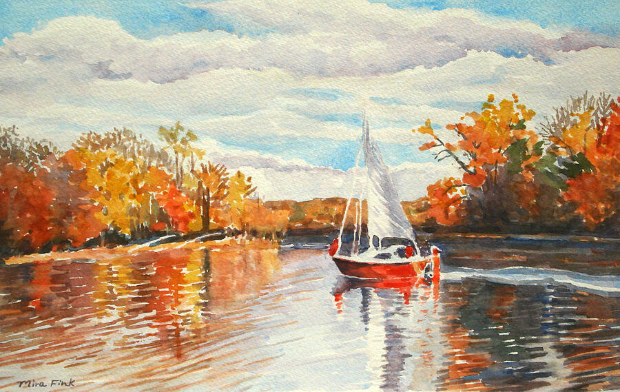 Fall Painting - Sailing to the Hudson by Mira Fink