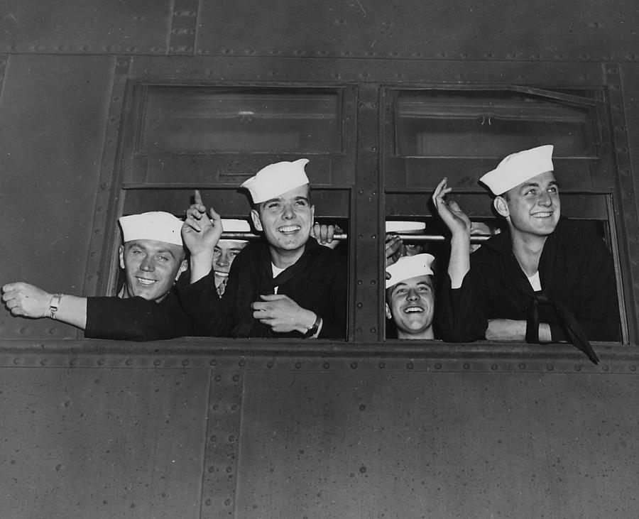 Sailors Wave Goodbye From Passenger Car Photograph by Chicago and North Western Historical Society