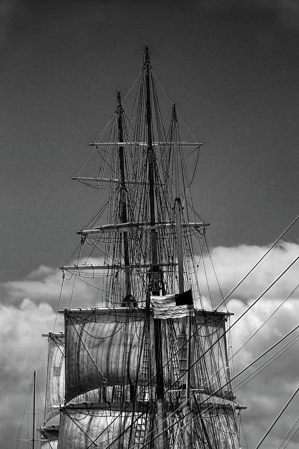Sails and Mast Riggings on a Tall Ship in Black and White Photograph by Randall Nyhof