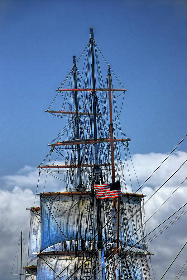 Sails and Mast Riggings on a Tall Ship with American Flag Photograph by Randall Nyhof