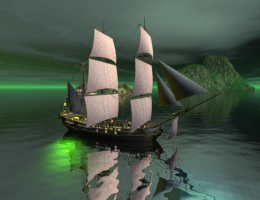 Sailship in the night Digital Art by John Junek