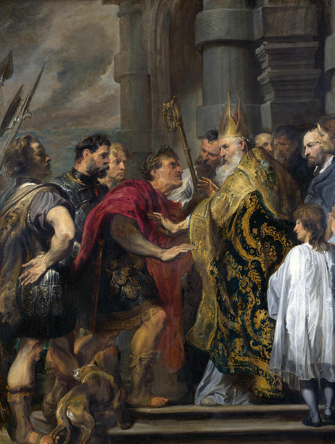 Saint Ambrose barring Theodosius I from Milan Cathedral Painting by Anthony van Dyck