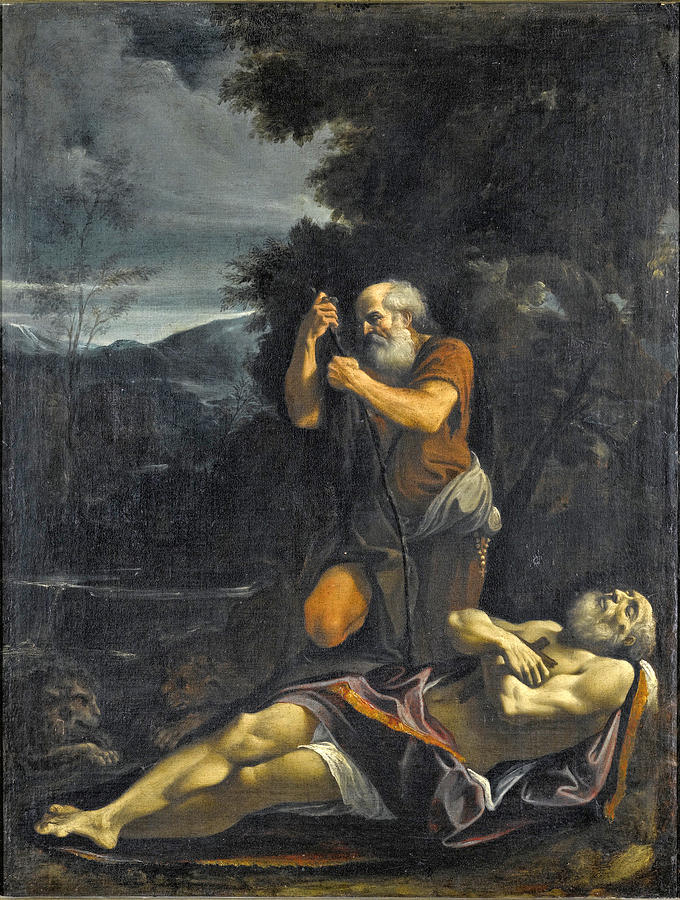 Saint Anthony Abbot burying Saint Paul the Hermit Painting by Lorenzo Garbieri