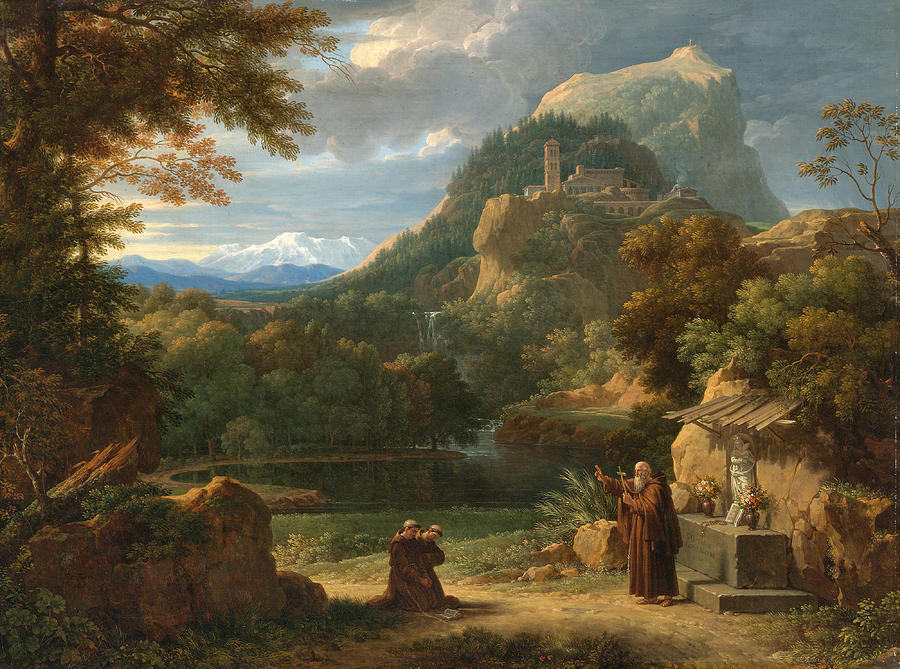 Saint Anthony of Padua introducing two novices to Friars in a Mountainous Landscape Painting by Francois-Xavier Fabre