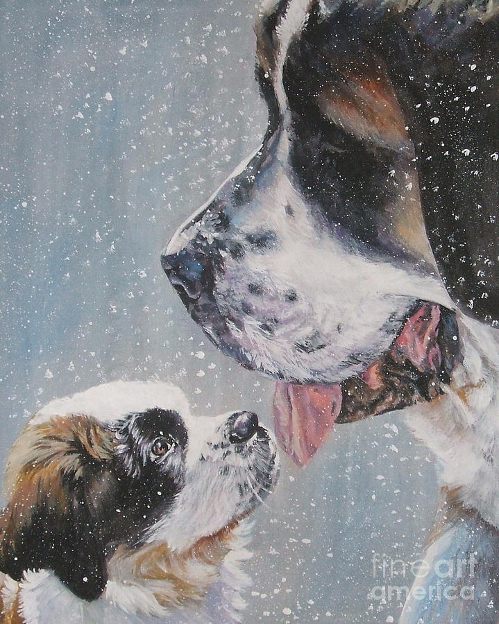 Winter Painting - Saint Bernard Dad and pup by Lee Ann Shepard