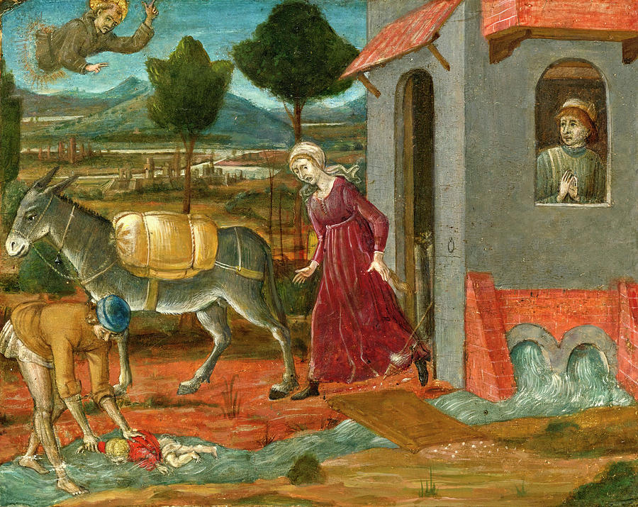 Saint Bernardino restoring a Child to Life Painting by Matteo di Giovanni