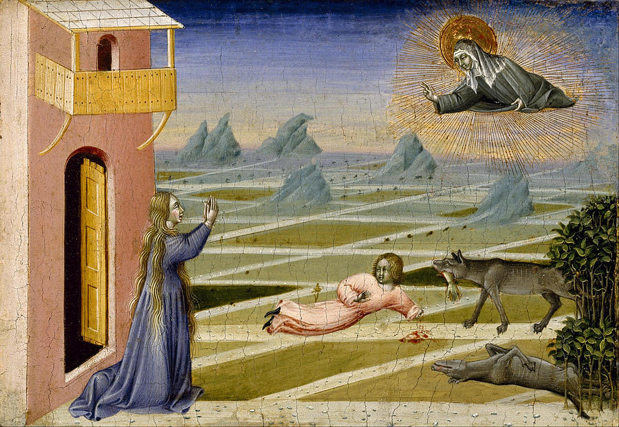 Saint Clare Rescuing a Child Mauled by a Wolf Painting by Giovanni di Paolo