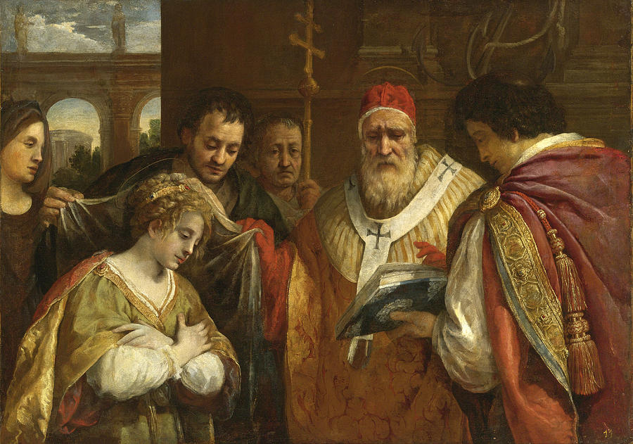 Saint Domitilla receiving the Veil from Pope Clement I Painting by Pietro da Cortona