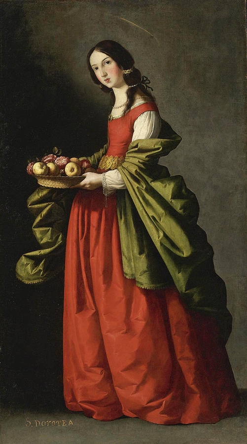 Saint Dorothy full-length holding a basket of apples and roses Painting by Francisco de Zurbaran