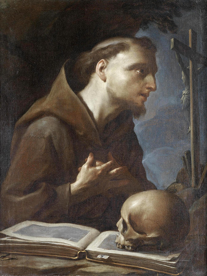Saint Francis at prayer before the Crucifix Painting by Francesco Trevisani