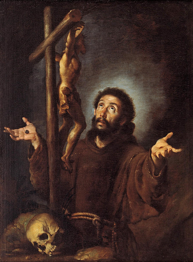 Saint Francis of Assisi adoring the Crucifix Painting by Bernardo Strozzi
