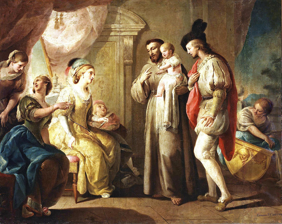 Saint Francis of Assisi with a child in his arms in front of three ladies Painting by Jose Camaron Boronat