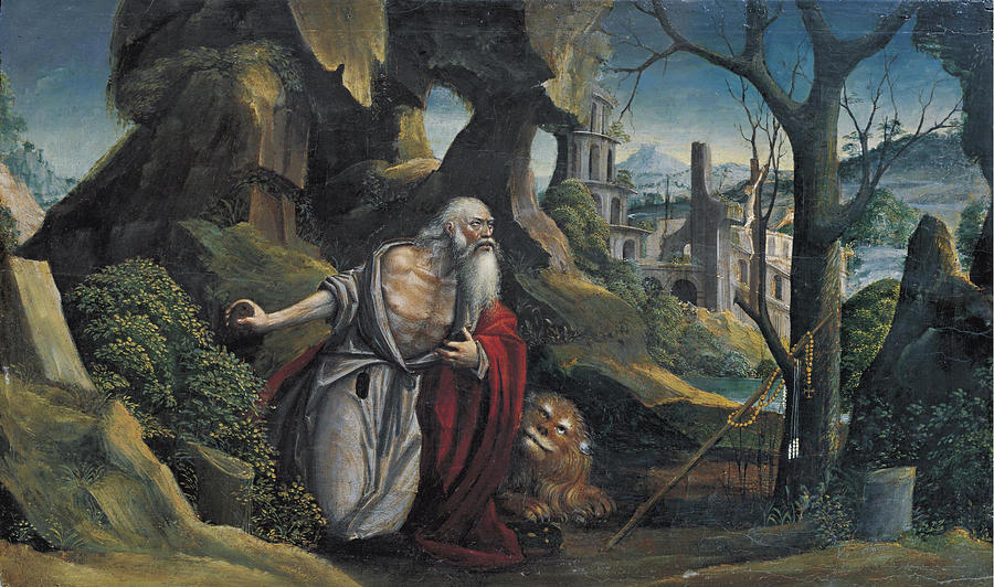 Saint Jerome in a rocky wooded landscape Painting by Defendente Ferrari
