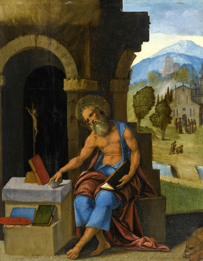 Saint Jerome in contemplation Painting by Ludovico Mazzolino