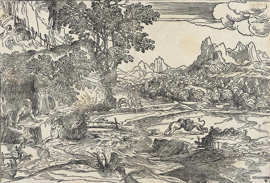 Saint Jerome in the Wilderness with Fighting Lion and Bear Drawing by Domenico Campagnola