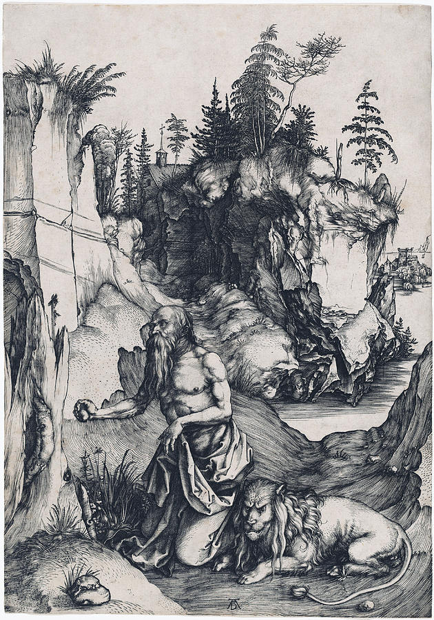 Saint Jerome Penitent in the Wilderness Drawing by Albrecht Durer