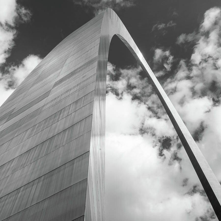 Black And White Photograph - Saint Louis Arch and Clouds Black and White Square Art by Gregory Ballos