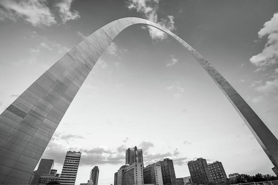 Black And White Photograph - Saint Louis Arch and Downtown Skyscrapers in Black and White by Gregory Ballos