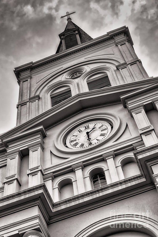 Saint Louis Cathedral Clock and Spire bw Photograph by Jerry Fornarotto