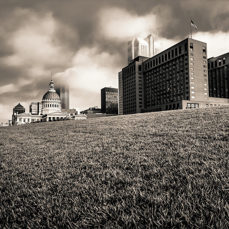 Saint Louis City Skyline Architecture And Clouds - Sepia Square Photograph by Gregory Ballos