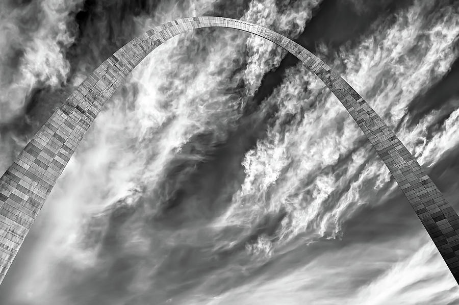 Saint Louis Gateway Arch and Clouds - Black and White Photograph by Gregory Ballos