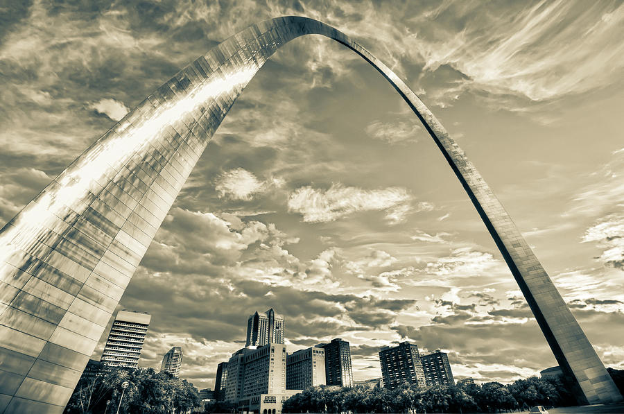 Architecture Photograph - Saint Louis Skyline Morning Under the Arch - Sepia by Gregory Ballos