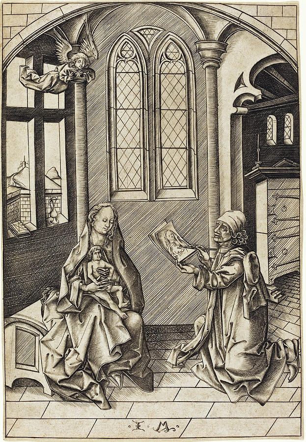  Saint Luke Drawing a Portrait of the Virgin Drawing by Israhel van Meckenem