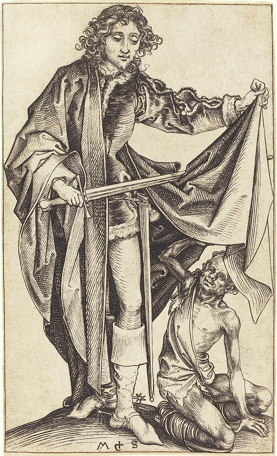 Saint Martin Dividing His Cloak Drawing by Martin Schongauer