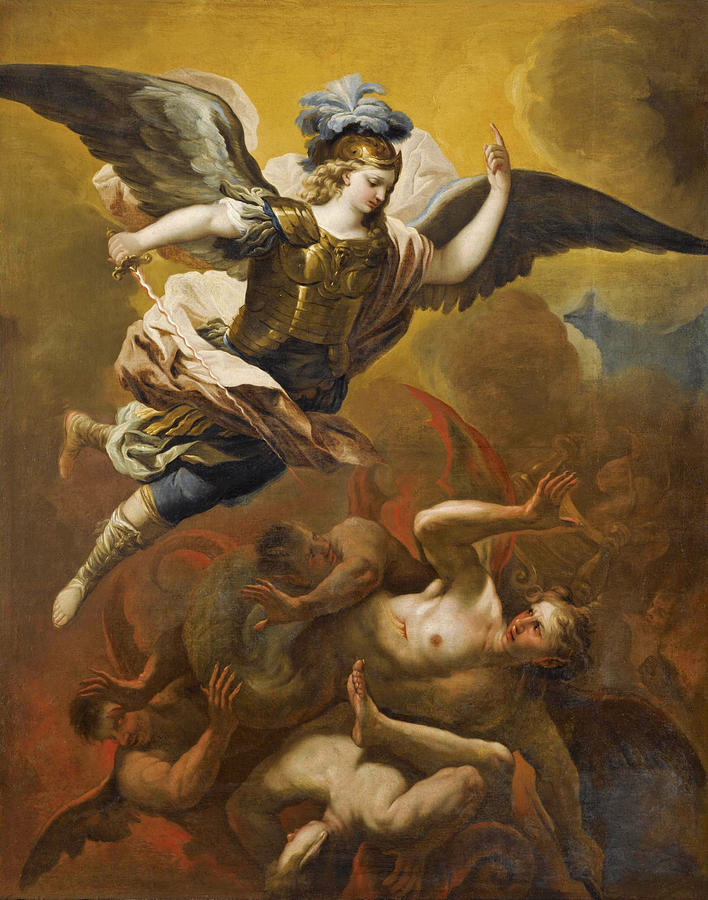 Saint Michael defeating Satan Painting by Luca Giordano