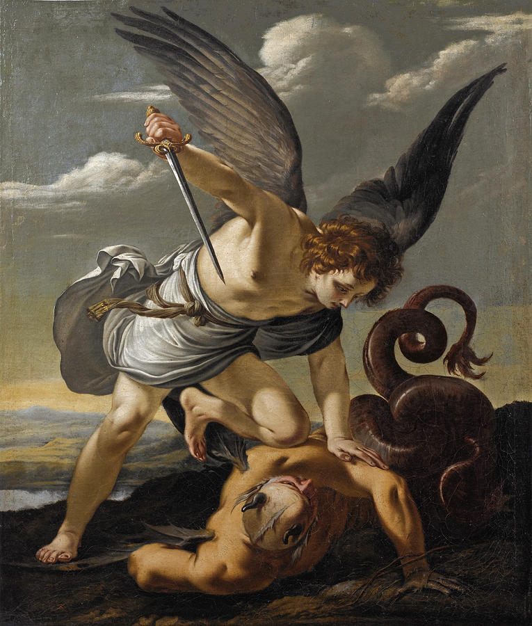 Saint Michael slaying a Dragon Painting by Attributed to Laurent de La Hyre