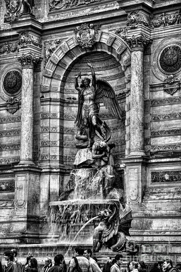 Saint Michel Fountain Paris bw Photograph by Chuck Kuhn