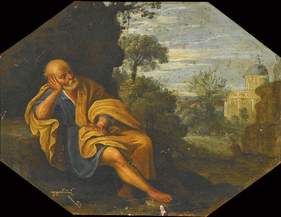 Saint Peter meditating in a Landscape Painting by Roman School
