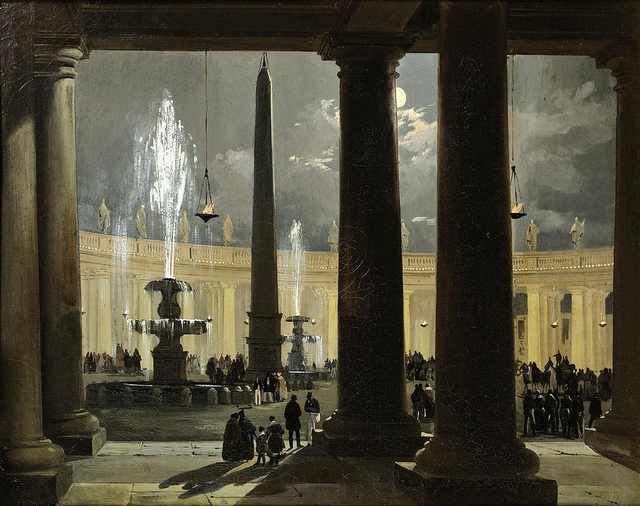 Saint Peters Square in Rome at Moonlight Painting by Ippolito Caffi