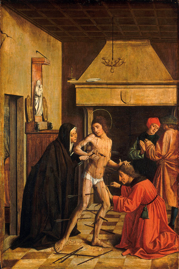 Saint Sebastian Cured by Irene Painting by Josse Lieferinxe