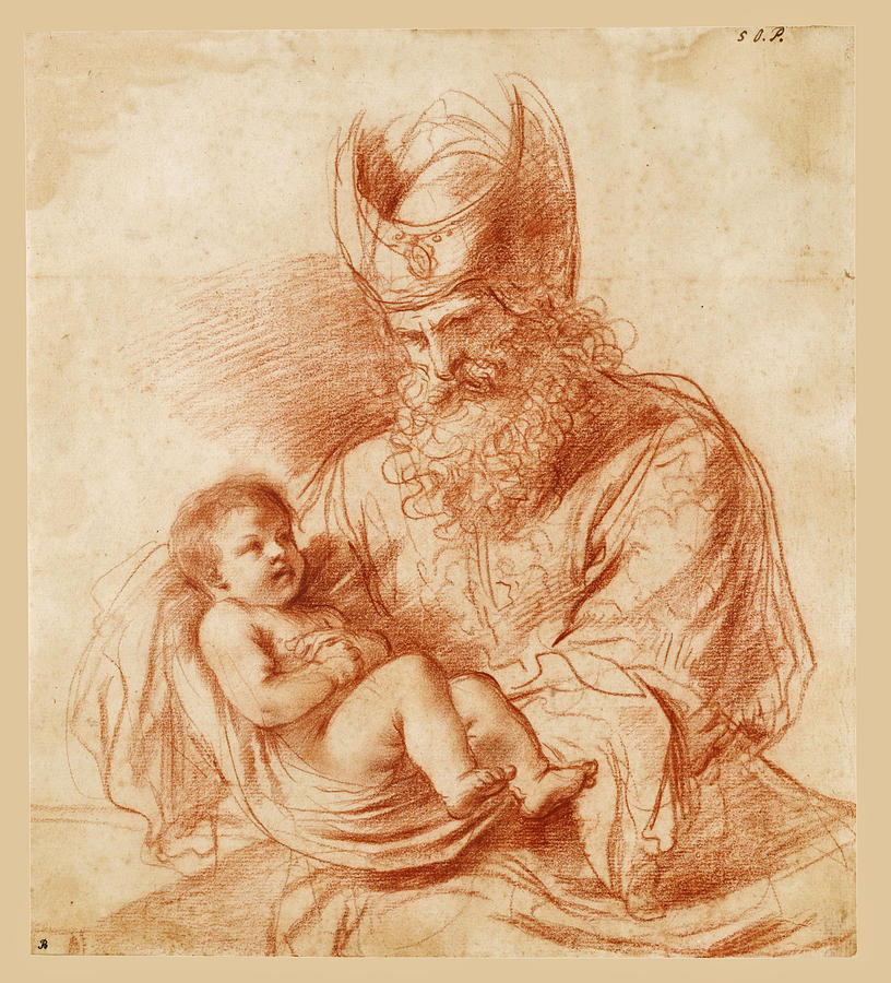 Saint Simeon holding the Christ Child Drawing by Guercino