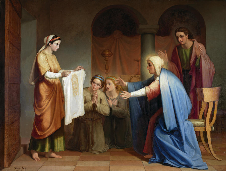 Saint Veronica shows The Holy Face to the Virgin Mary and Saint John  Painting by Juan Antonio Vera Calvo