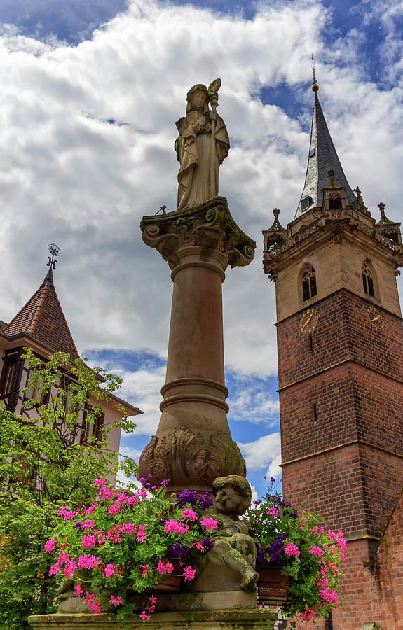 Sainte-Odile fountain and Kappelturm in Obernai village, Alsace, Photograph by Elenarts - Elena Duvernay photo