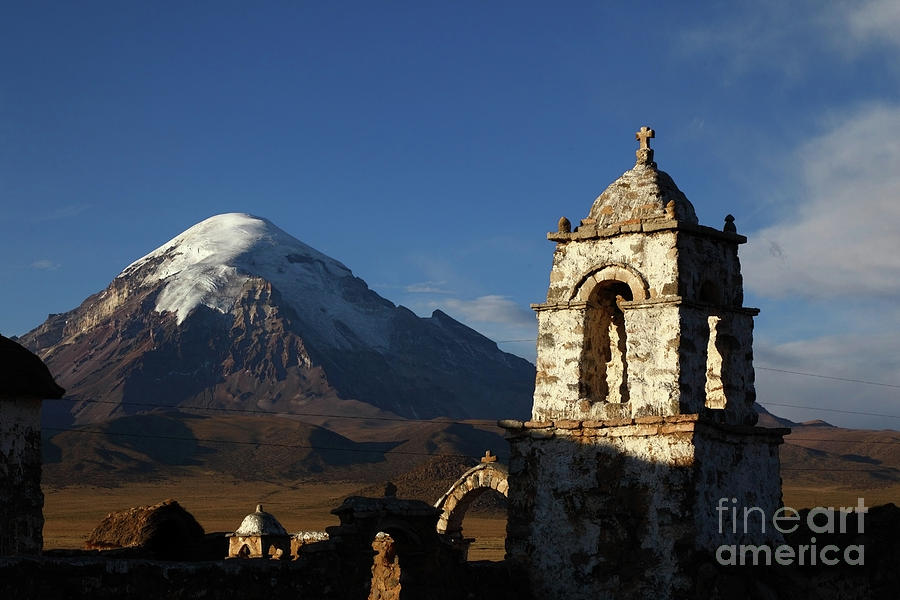 Sajama Volcano and Lagunas Church Belfry Bolivia Photograph by James Brunker