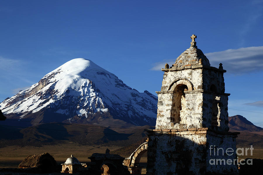 Sajama Volcano and Lagunas Church Tower Bolivia Photograph by James Brunker