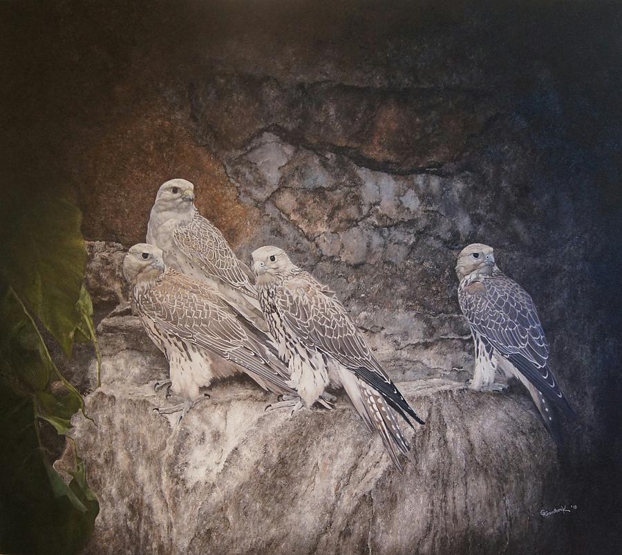 Saker Falcons on a rock Painting by Erna Goudbeek